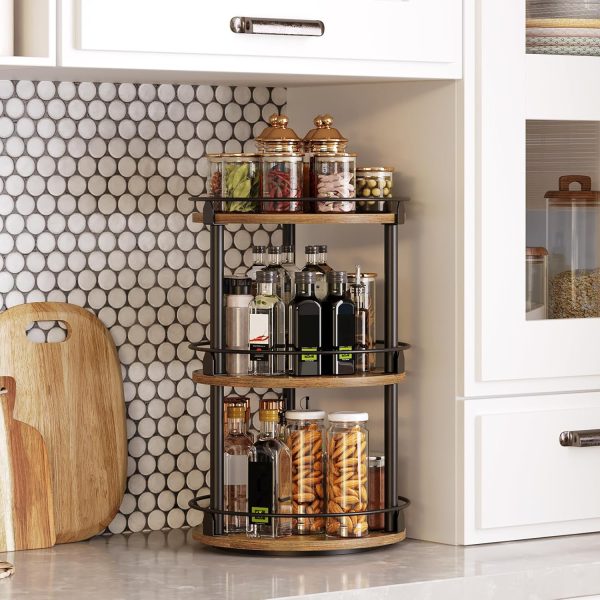 3-Tier Lazy Susan Organizer, Rotating Spice Rack, Spinning Organizer, Industrial Turntable Spice Rack Organizer for Cabinet, Kitchen Countertop, Pantry, Rustic Brown and Black SR23BR - Image 3