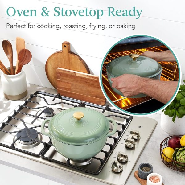Best Choice Products 6 Quart Enamel Cast-Iron Round Dutch Oven, Family Style Heavy-Duty Pre-Seasoned Cookware for Home, Kitchen, Dining Room, Oven Safe w/Lid, Dual Handles - Sage Green - Image 3