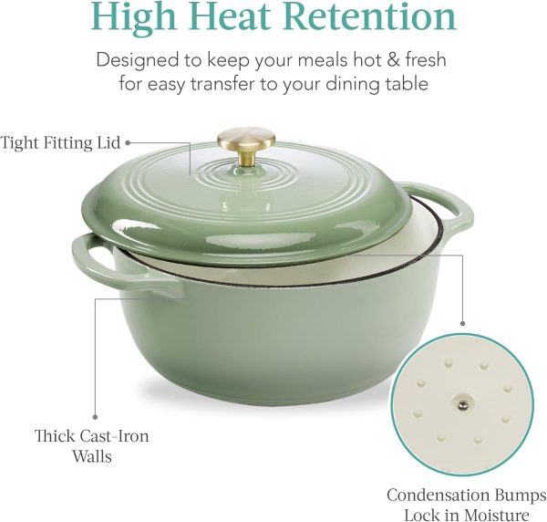 Best Choice Products 6 Quart Enamel Cast-Iron Round Dutch Oven, Family Style Heavy-Duty Pre-Seasoned Cookware for Home, Kitchen, Dining Room, Oven Safe w/Lid, Dual Handles - Sage Green - Image 5