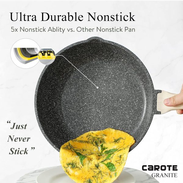 CAROTE 12Inch Nonstick Deep Frying Pan with Lid, 5.5 Qt Jumbo Cooker Saute Pan with Pour Spout, Skillet Induction Cookware, Non Stick Cooking Pan PFOA Free, Classic Granite - Image 2