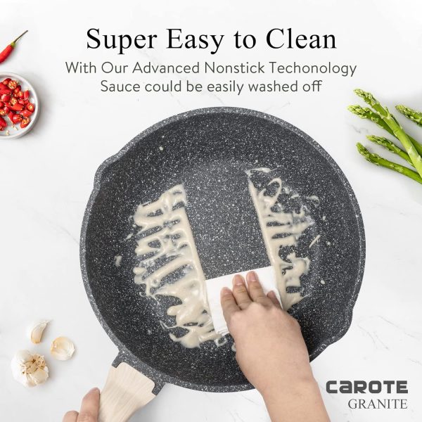 CAROTE 12Inch Nonstick Deep Frying Pan with Lid, 5.5 Qt Jumbo Cooker Saute Pan with Pour Spout, Skillet Induction Cookware, Non Stick Cooking Pan PFOA Free, Classic Granite - Image 3