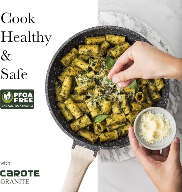 CAROTE 12Inch Nonstick Deep Frying Pan with Lid, 5.5 Qt Jumbo Cooker Saute Pan with Pour Spout, Skillet Induction Cookware, Non Stick Cooking Pan PFOA Free, Classic Granite - Image 4