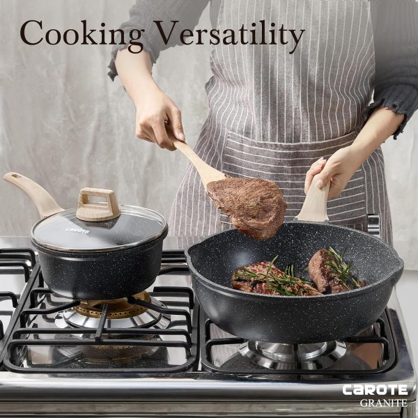 CAROTE 12Inch Nonstick Deep Frying Pan with Lid, 5.5 Qt Jumbo Cooker Saute Pan with Pour Spout, Skillet Induction Cookware, Non Stick Cooking Pan PFOA Free, Classic Granite - Image 6