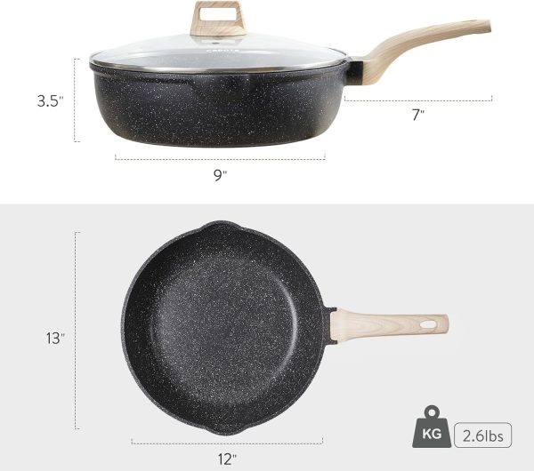 CAROTE 12Inch Nonstick Deep Frying Pan with Lid, 5.5 Qt Jumbo Cooker Saute Pan with Pour Spout, Skillet Induction Cookware, Non Stick Cooking Pan PFOA Free, Classic Granite - Image 7