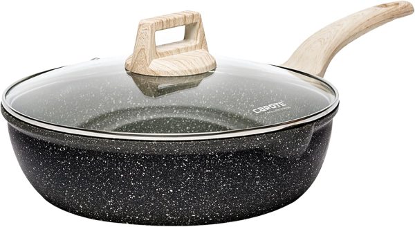 CAROTE 12Inch Nonstick Deep Frying Pan with Lid, 5.5 Qt Jumbo Cooker Saute Pan with Pour Spout, Skillet Induction Cookware, Non Stick Cooking Pan PFOA Free, Classic Granite - Image 9