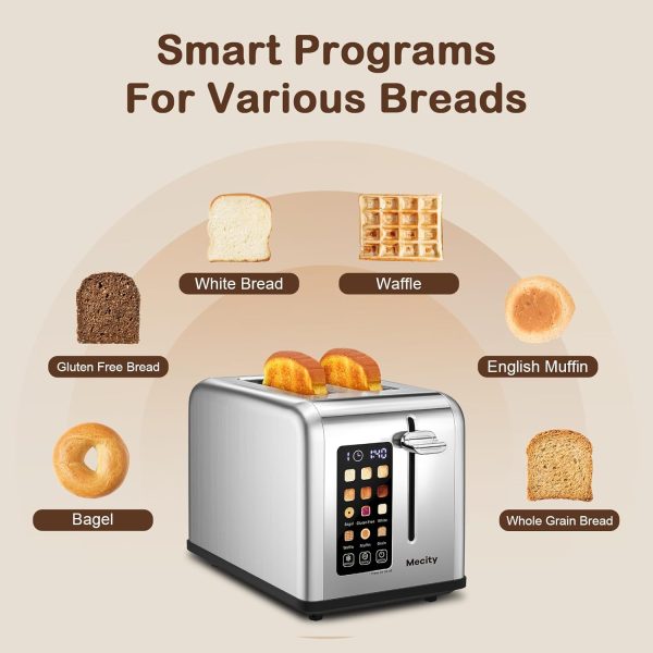Mecity 2 Slice Toaster Touch Screen 1.5" Wide Slot, Stainless Steel Smart Bread Toaster for Bagel Muffin Waffle Gluten Free Breads, Timer, Defrost, Reheat, 120V 825W - Image 3