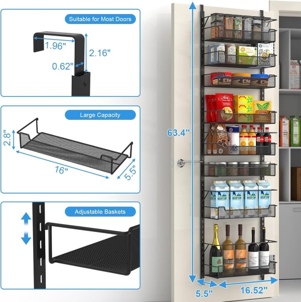Over the Door Pantry Organizer, 8-Tier Over the Door Organizer with Adjustable Basket, Pantry Door Organization for Pantry Kitchen Storage Room Spice Rack, Black - Image 2