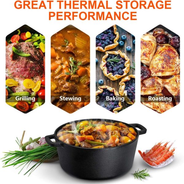 Overmont 2 in 1 Pre Seasoned Dutch Oven with Skillet Lid for Induction, Electric, Grill, Stovetop, BBQ, Camping (5 Quart) - Image 2