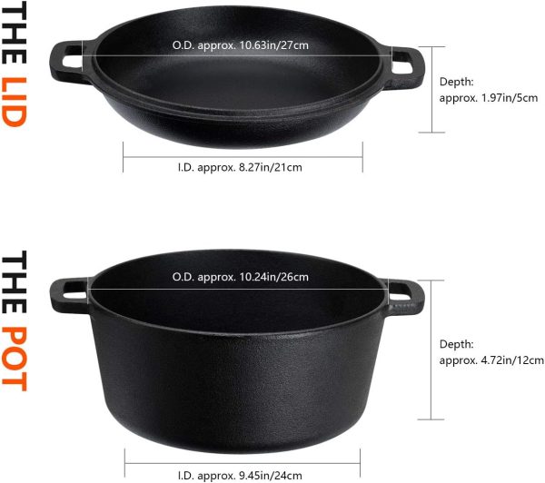 Overmont 2 in 1 Pre Seasoned Dutch Oven with Skillet Lid for Induction, Electric, Grill, Stovetop, BBQ, Camping (5 Quart) - Image 4