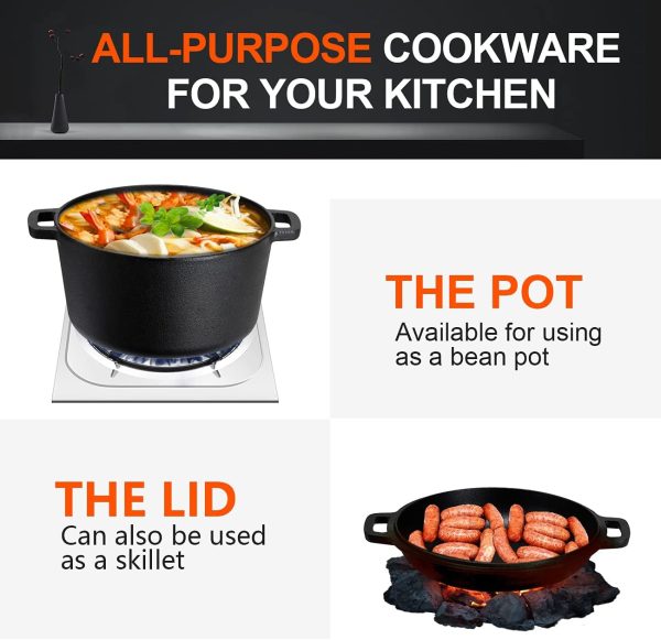 Overmont 2 in 1 Pre Seasoned Dutch Oven with Skillet Lid for Induction, Electric, Grill, Stovetop, BBQ, Camping (5 Quart) - Image 5