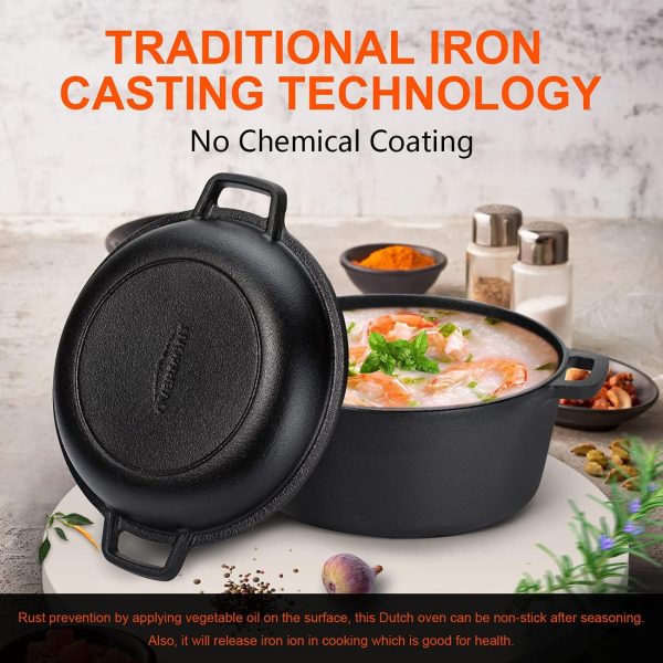 Overmont 2 in 1 Pre Seasoned Dutch Oven with Skillet Lid for Induction, Electric, Grill, Stovetop, BBQ, Camping (5 Quart) - Image 6