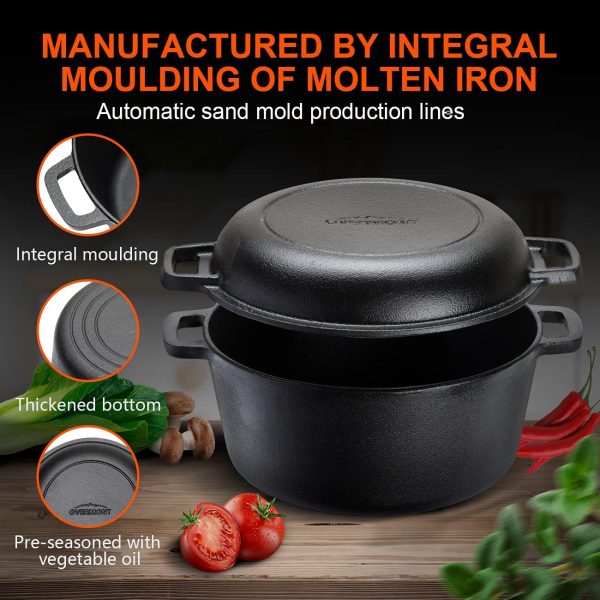 Overmont 2 in 1 Pre Seasoned Dutch Oven with Skillet Lid for Induction, Electric, Grill, Stovetop, BBQ, Camping (5 Quart) - Image 7